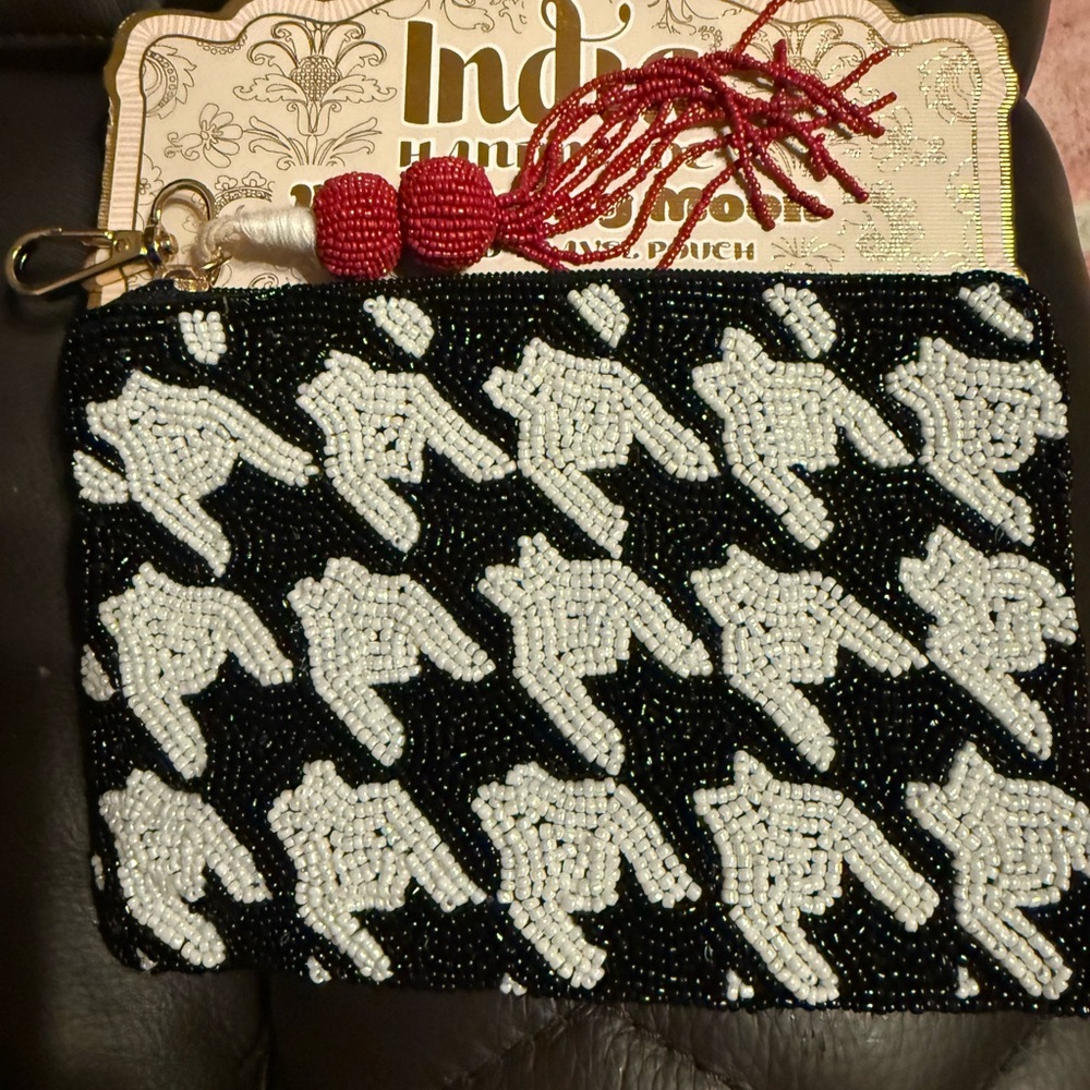 Houndstooth Black and White Beaded Wristlet